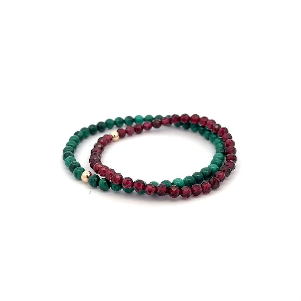 Garnet & Malachite Gemstone Stretch Bracelet with 14K Gold Accent Bead Handmade - Picture 3 of 6